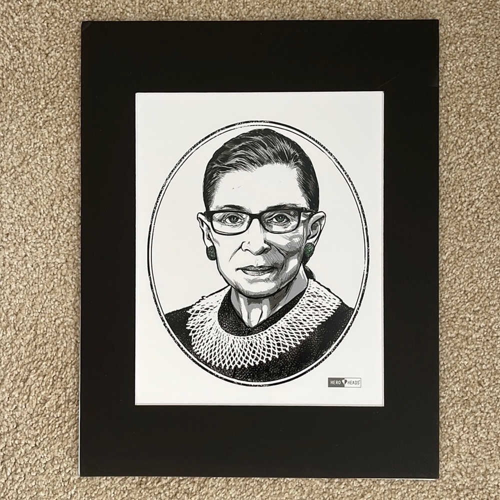 NEW RBG Ruth Bader Ginsburg HERO HEADS Wall Decor Black Matted Print 11" x 14”